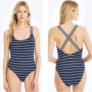 Nautica Womens Size Medium Striped Cross- Back One- Piece Swimsuit